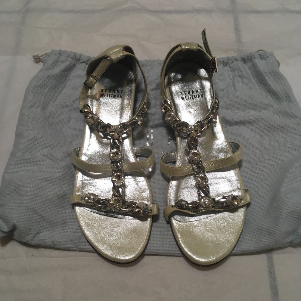 Stuart Weitzman Silver Leather Flat Sandals
